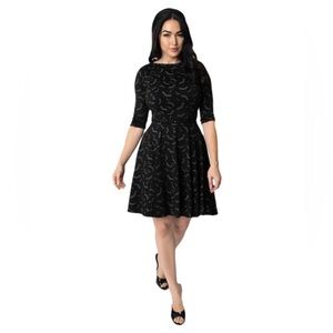 Unique Vintage Black & Grey Bats Print Fit and Flare Dress Size L